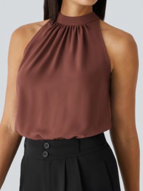HALARA Tops - HALARA Mauve Brown High-Neck Sleeveless Blouson Top
